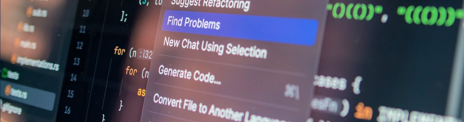 AI-assisted code analysis interface highlighting a “Find Problems” option over software code.