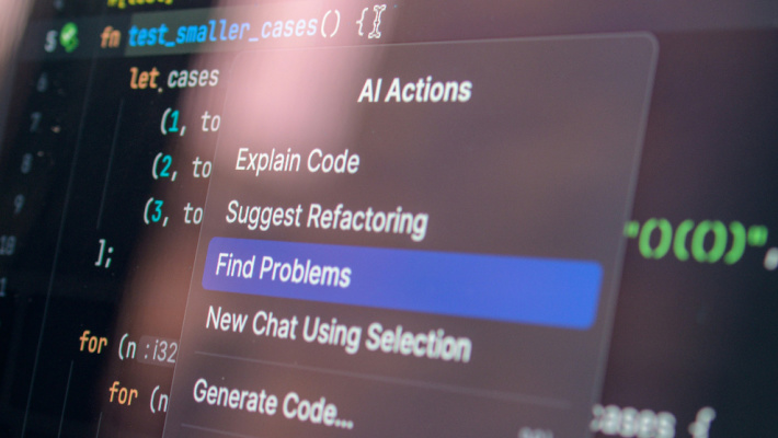 AI-assisted code analysis interface highlighting a “Find Problems” option over software code.